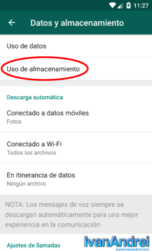 WhatsApp - Ajustes - Datos y almacenamiento - Uso almacenamiento