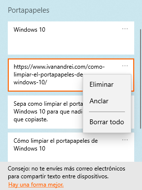 Eliminar solo una copia del portapapeles de Windows 10