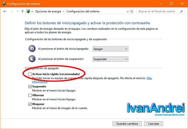 Windows 10 - Definir los botones de inicio apagado - Activar inicio rapido (Activar teclado numérico por defecto al cargar Windows 10)