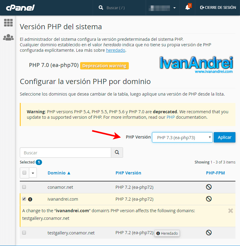 Cambiar versión de PHP desde Cpanel