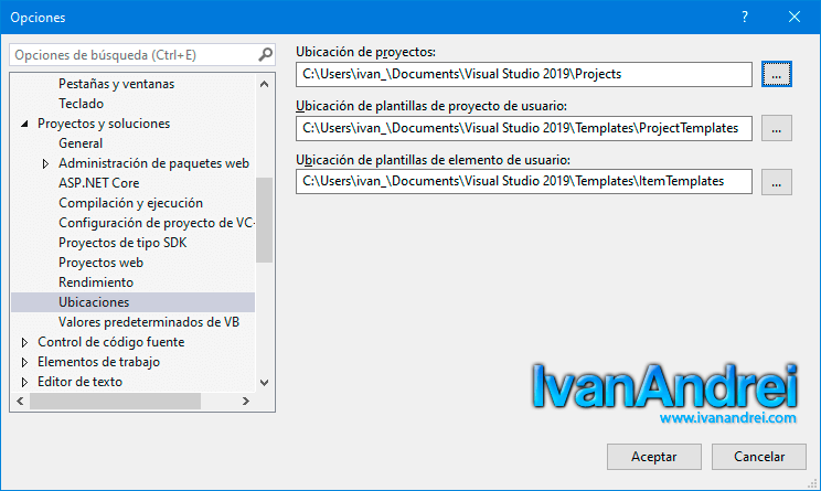 Cambiar ubicación de la carpeta Proyectos en Visual Studio 2019