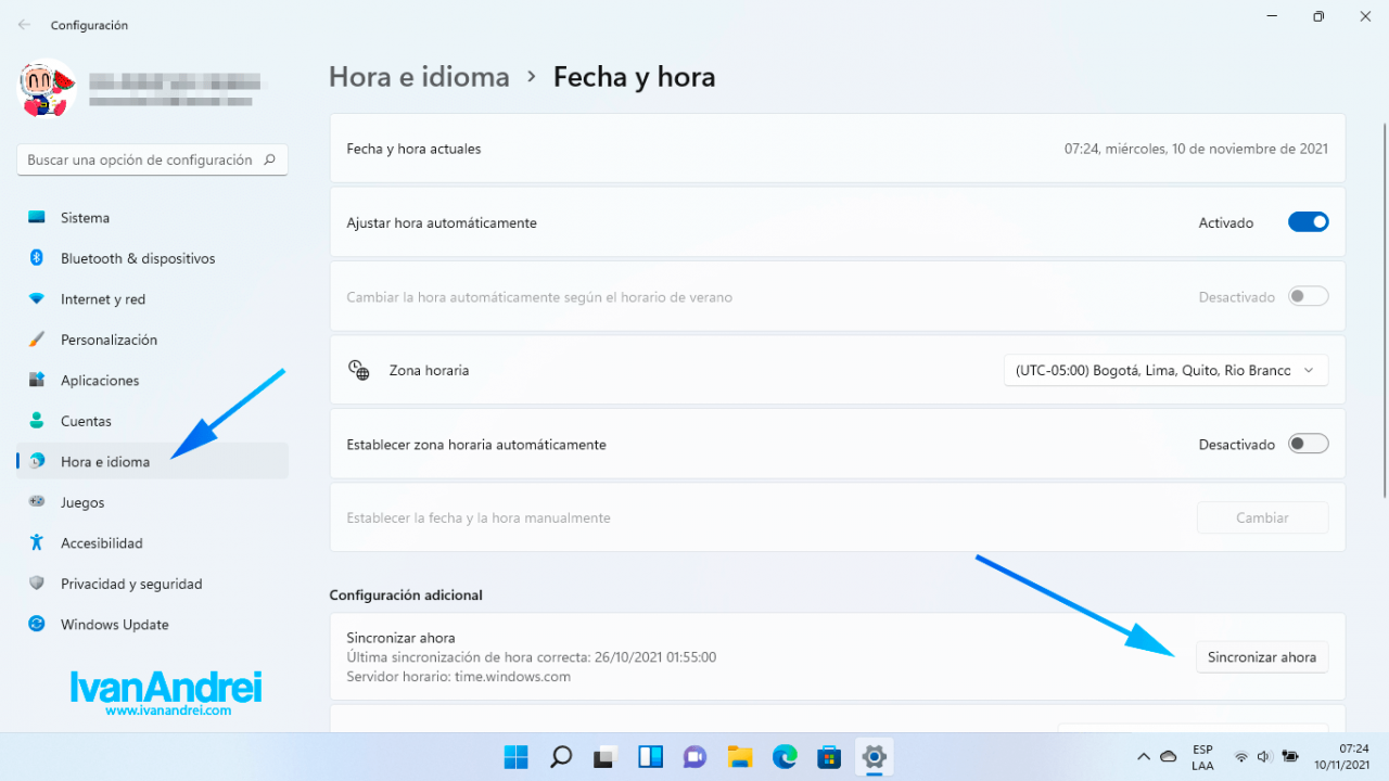 Windows 11 - Sincronizar fecha y hora